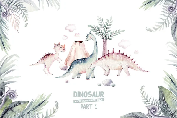 Leuke Cartoon Baby Dinosaurussen Collectie Aquarel Illustratie Met Hand Geschilderd — Stockfoto