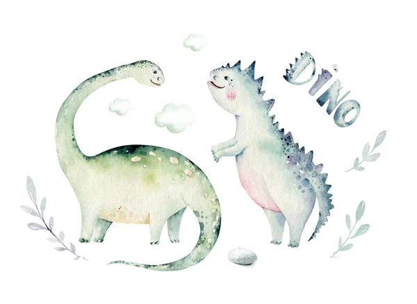 可爱的卡通恐龙宝宝收集水彩画 手绘恐龙孤立在白色背景上作为幼儿海报装饰 雷克斯孩子们有趣 — 图库照片