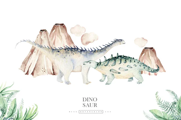 Söta Tecknade Baby Dinosaurier Samling Akvarell Illustration Handmålade Dino Isolerad — Stockfoto