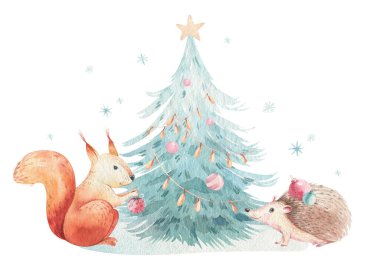 Christmas Woodland orman kirpisi seti, sevimli sincap hayvan karakteri. Kış Noel ağacı çiçek elementleri, buketler, böğürtlenler, çiçekler, kar ve kar tanesi