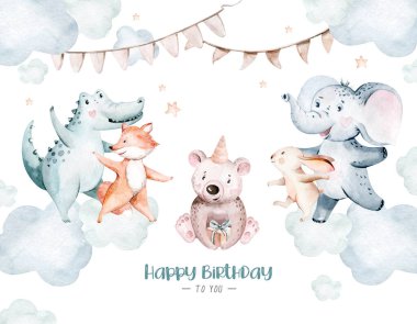 Cute baby birthday party nursery watercolor animal isolated illustration for children. forest r and jungle dancing baby shower animals. Perfect for nursery posters, patterns. Birthday invite clipart