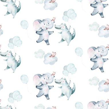 Beyaz arka planda orman hayvanlarıyla suluboya desen. Mutlu yıllar, kutlama konsepti. Tebrik kartı, davetiyeler, ambalaj kağıtları, kumaşlar için el yapımı doku..