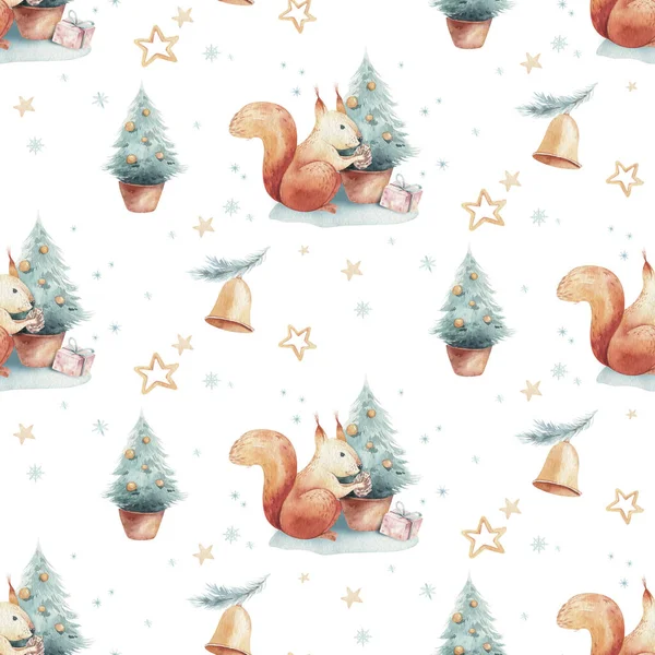 Aquarel Vrolijk Kerstmis Naadloze Patronen Met Kerstboom Eekhoorn Vakantie Schattige — Stockfoto