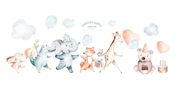 Jolie Fête Anniversaire Bébé Pépinière Aquarelle Dansant Renard Éléphant Lapin — Photo