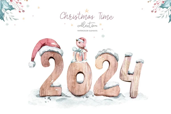 Akvarell Illusztráció 2024 Szimbóluma Vicces Aranyos Bull Karácsonyi Illusztráció — Stock Fotó