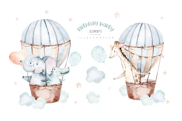 Leuke Cartoon Luchtballonnen Verjaardagsfeestje Baby Olifant Krokodil Giraffe Illustraties Handgetekende — Stockfoto