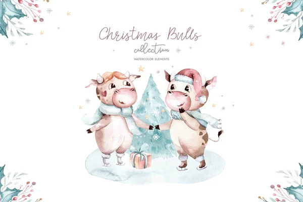 Akvarell Illusztráció 2021 Szimbóluma Vicces Aranyos Bull Karácsonyi Illusztráció — Stock Fotó