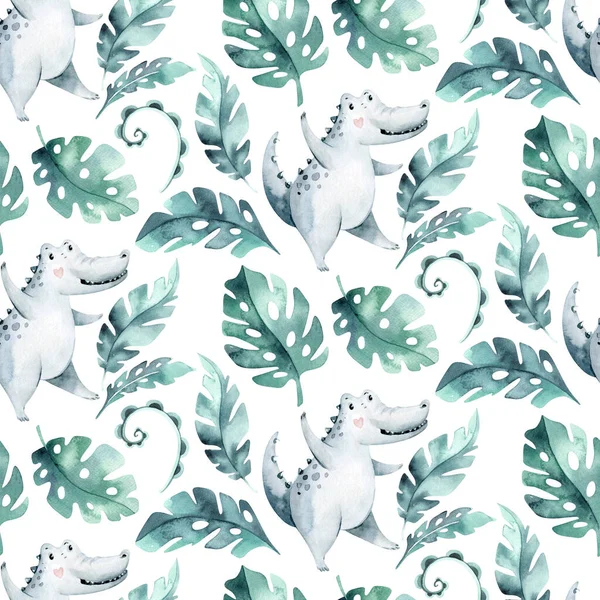 Seamless cartoon crocodiles pattern. Watercolor tropic african illustration with watercolor alligators and Africa palms. Tropical leaves Fabric background.