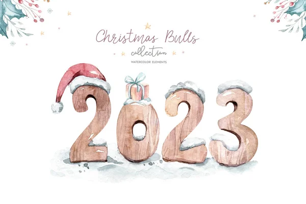 Ilustrație Acuarelă Simbolul Anului 2023 Amuzant Drăguţ Bull Ilustrație Crăciun — Fotografie, imagine de stoc