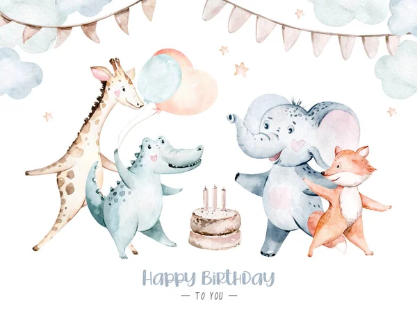 Bonito Bebê Aniversário Festa Berçário Aquarela Animal Isolado Ilustração Para — Fotografia de Stock