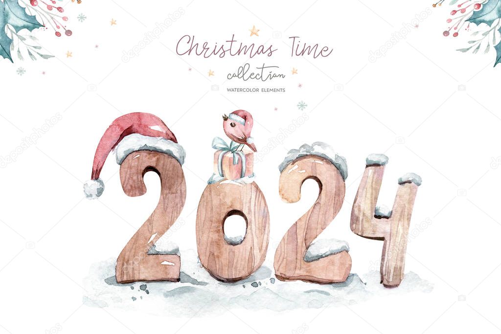Watercolor illustration. Symbol of the year 2024. Funny and cute Bull. Christmas illustration