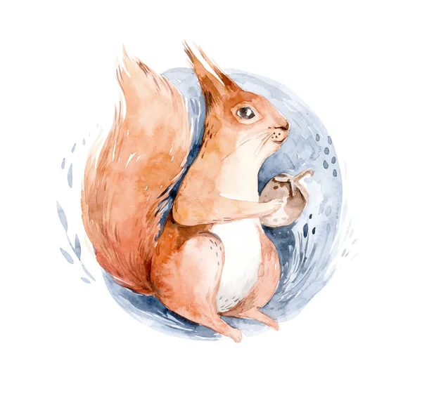 Esquilo Aquarela Sentado Neve Ilustração Desenhada Mão Animal Isolado Fundo — Vetor de Stock