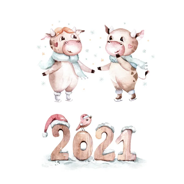 Εικονογράφηση Υδατογραφίας Σύμβολο Του Έτους 2021 Αστείος Και Χαριτωμένος Bull — Διανυσματικό Αρχείο