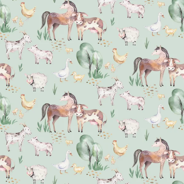 Akvarel Bezešvný Vzor Roztomilými Farmářskými Zvířaty Kozou Koněm Husou Krávou — Stock fotografie