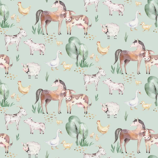 watercolor seamless pattern with cute farm animals with goat, horse, goose and cow. chicken and pig domestic animal illustration.