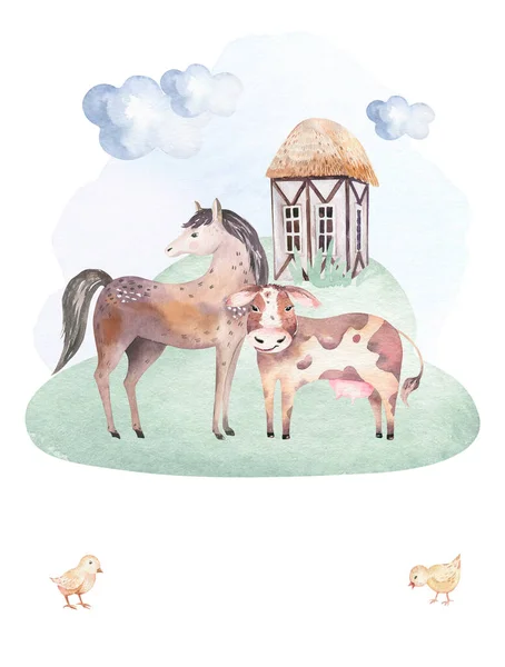 Farms Animal Set Cute Domestic Pets Watercolor Illustration Horse Goose — Stock Photo, Image