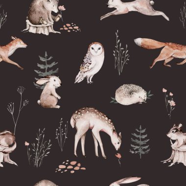 Woodland hayvanları suluboya desenli. Kumaş duvar kağıdı arka planında Baykuş, kirpi, tilki ve kelebek, orman sincabı ve sincap tavşan seti, ayı ve kuş yavrusu hayvan, İskandinav çocuk yuvası