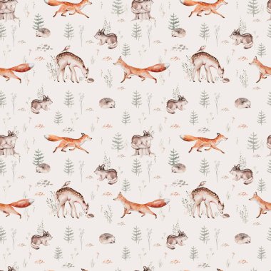 Woodland hayvanları suluboya desenli. Kumaş duvar kağıdı arka planında Baykuş, kirpi, tilki ve kelebek, orman sincabı ve sincap tavşan seti, ayı ve kuş yavrusu hayvan, İskandinav çocuk yuvası