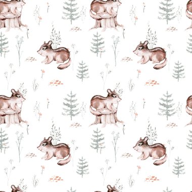 Woodland hayvanları suluboya desenli. Kumaş duvar kağıdı arka planında Baykuş, kirpi, tilki ve kelebek, orman sincabı ve sincap tavşan seti, ayı ve kuş yavrusu hayvan, İskandinav çocuk yuvası