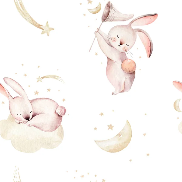 Cute baby rabbit animal seamless pattern comet with gold starsin night sky, forest bunny illustration for children clothing. Nursery Wallpaper background Woodland watercolor Hand drawn image for cases design, posters and postcards.