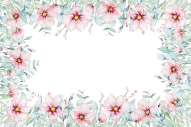 Beyaz arka plan ile suluboya tarzında çiçeği pembe kiraz çiçek çelenk. Sakura şube dekorasyon çiçeklenme yaz kümesi