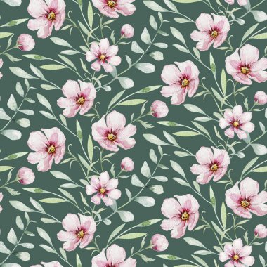 Kiraz çiçeği Pembe çiçek suluboya tarzında beyaz arka plan ile Seamless modeli. yaz çiçek açan sakura şube dekorasyon