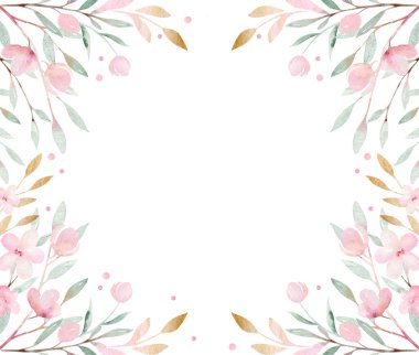 Yeşil yapraklar ve çiçeklerle açan daldaki bahar kuşu. Suluboya resim. El çizimi.