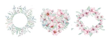 Beyaz arka plan ile suluboya tarzında çiçeği pembe kiraz çiçek çelenk. Sakura şube dekorasyon çiçeklenme yaz kümesi