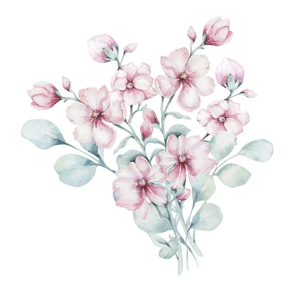 Венок Цветка Розовые Вишневые Цветы Акварельном Стиле Белым Фоном Комплект — стоковое фото