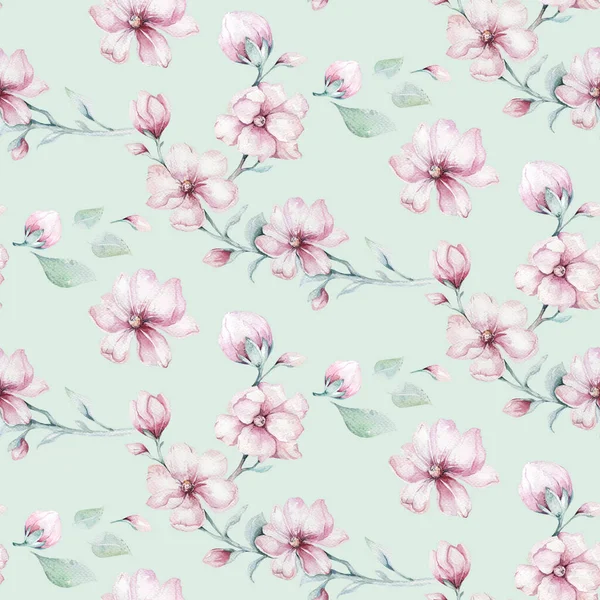 Seamless Pattern Blossom Pink Cherry Flowers Watercolor Style White Background — Stock Photo, Image