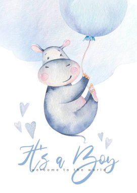 El çizimi şirin tropikal yaz suluboya su aygırı hayvanları. hipopotam bebek ve anne çizgi film hayvan çizimleri, orman ağacı, Brezilya moda tasarımı.