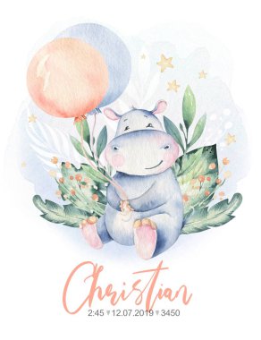 El çizimi şirin tropikal yaz suluboya su aygırı hayvanları. hipopotam bebek ve anne çizgi film hayvan çizimleri, orman ağacı, Brezilya moda tasarımı.