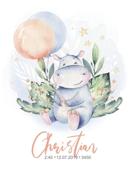 El çizimi şirin tropikal yaz suluboya su aygırı hayvanları. hipopotam bebek ve anne çizgi film hayvan çizimleri, orman ağacı, Brezilya moda tasarımı.