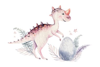 Şirin bebek dinozorlar suluboya resimlerini topluyor, beyaz arka planda izole edilmiş el boyalı dinazorlar bebek posterleri süslemek için. Rex çocuklar komiktir