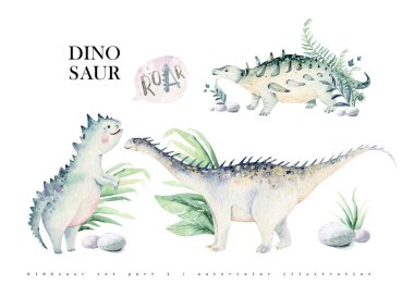 Şirin bebek dinozorlar suluboya resimlerini topluyor, beyaz arka planda izole edilmiş el boyalı dinazorlar bebek posterleri süslemek için. Rex çocuklar komiktir