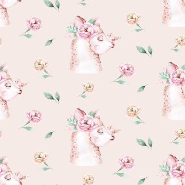 Beyaz, şirin ama hayvanlı suluboya kusursuz desenler. Llammas çizgi filmi Amerika. Boho Kaktüs Tekstil Tasarımı, Bebek Kız Dekorasyonu, Bebek Duşu Sanatı.