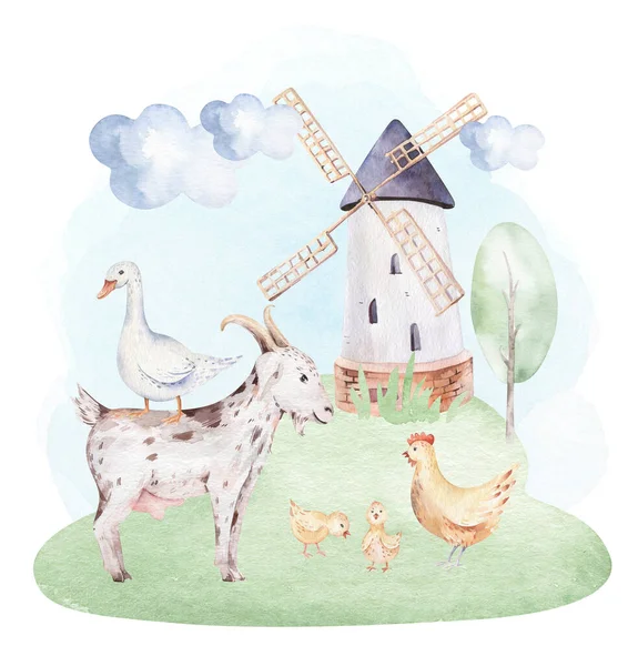 农场动物集合体 可爱的家养宠物水彩画 马和鹅 猪的山羊设计 — 图库照片