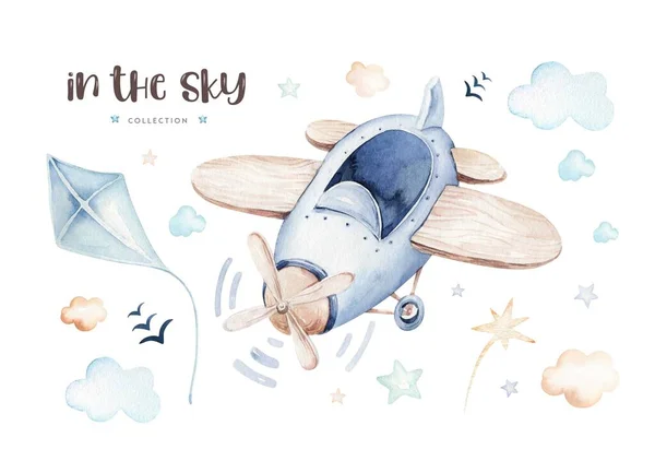 飛行機 ヘリコプター 雲がいっぱいのキュートで空想的な空のシーンの水彩セットの背景イラスト 男の子のパターン 赤ちゃんのシャワーイラストです — ストック写真