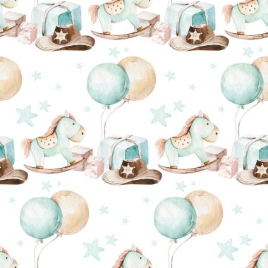 Kovboy şapkalı kovboy çocuk saman balyalarının üzerinde oturuyor. Çizgi film şerifi Amerikan kabilelerinin kızılderili çadırı tasarımı. Vahşi Batı doğum günü daveti