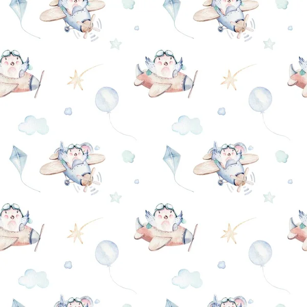 Watercolor set background illustration of a cute and fancy sky scene complete with airplanes, helicopters and balloons, clouds. Boy pattern. It\'s a baby shower illustration