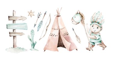 Kovboy şapkalı kovboy çocuk saman balyalarının üzerinde oturuyor. Çizgi film şerifi Amerikan kabilelerinin kızılderili çadırı tasarımı. Vahşi Batı doğum günü daveti