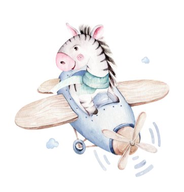 Suluboya bebek çizgi film pilotu su aygırları, aslan ve zebra hayvanlar hava taşımacılığı, uçak bulutları. Sevimli çocuksu bebek partisi illüstrasyonu.