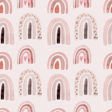 Suluboya çocuklar, kusursuz yağmur deseni. İskandinav el boyaması Boho gökkuşağı arka planı. Moda İskandinav tarzında kreş sanatı çizimi. Çağdaş sanat, bebek oğlan ve kız gökkuşağı grafikleri.