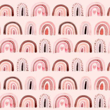 Suluboya çocuklar, kusursuz yağmur deseni. İskandinav el boyaması Boho gökkuşağı arka planı. Moda İskandinav tarzında kreş sanatı çizimi. Çağdaş sanat, bebek oğlan ve kız gökkuşağı grafikleri.