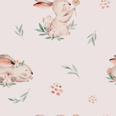 Sevimli yavru tavşan, kusursuz desen, çocuk kıyafetleri için orman çizimi. Woodland suluboya El kutu tasarımı, fidanlık posterleri, kartpostallar için boho resmi çizdi