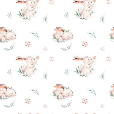 Sevimli yavru tavşan, kusursuz desen, çocuk kıyafetleri için orman çizimi. Woodland suluboya El kutu tasarımı, fidanlık posterleri, kartpostallar için boho resmi çizdi