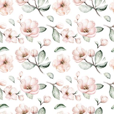 Suluboya boho çiçeği, kusursuz desen. Bahar ya da yaz desenli bohem çiçek tasarımı. Suluboya izole. Kirazlı, yeşil yapraklı, tüylü yeşillik çizimi. Botanik akvaryumu.