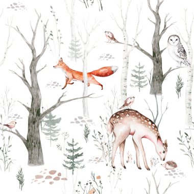Woodland hayvanları suluboya desenli. Kumaş duvar kağıdı arka planında Baykuş, kirpi, tilki ve kelebek, orman sincabı ve sincap tavşan seti, ayı ve kuş yavrusu hayvan, İskandinav çocuk yuvası