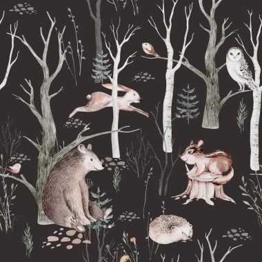 Woodland hayvanları suluboya desenli. Kumaş duvar kağıdı arka planında Baykuş, kirpi, tilki ve kelebek, orman sincabı ve sincap tavşan seti, ayı ve kuş yavrusu hayvan, İskandinav çocuk yuvası