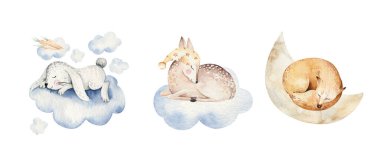 Tatlı rüyalı karikatür hayvan eli suluboya çizimi. Tişört baskısı, çocuk yuvası moda tasarımı, bebek partisi davetiyesi....